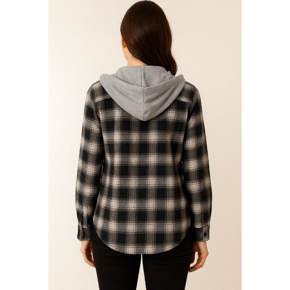 Black & White Plaid Button-Up Shirt With Gray Hood By Miss Selfie S - Picture 2 of 11